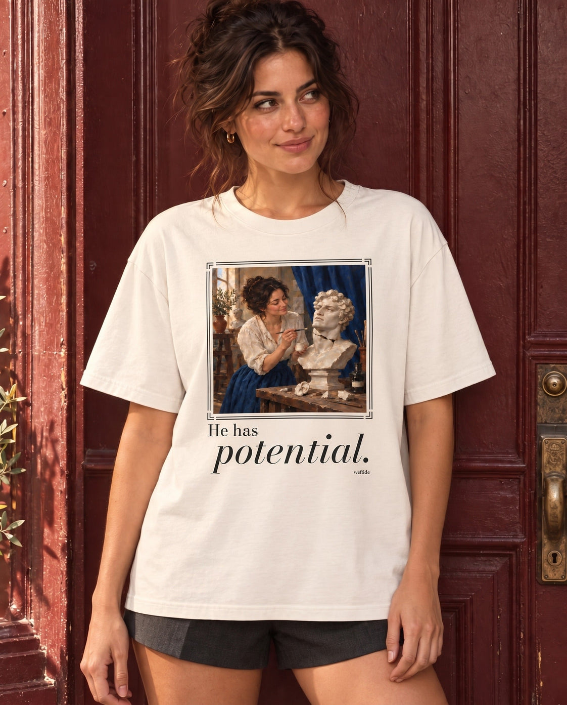 He Has Potential tee styled on a fictional adult woman; digital fashion mockup.